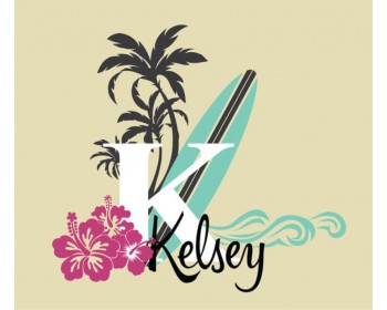Surfer Girl Name Decal - Vintage Style Monogram - with surfboard palm trees, waves and hibiscus flowers Surfer Girl Name Decal - Vintage Style Monogram - with surfboard palm trees, waves and hibiscus flowers